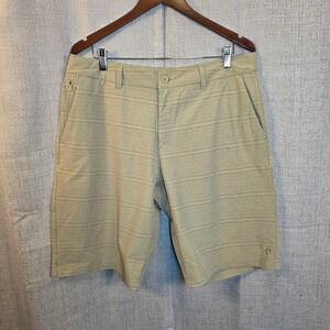 Hang Ten Hybrid Chino Walk Shorts Mens 36 Khaki Tan Stretch Striped Slash Pocket